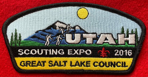 Great Salt Lake Council Scouting Expo 2016 Commerative CSP SA-307. Tall CSP Design with Embroidered Mountain Range with Four Hikers Ascending Mountain Detailing. Black Border. Mint Condition.