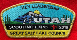 Great Salt Lake Council Scouting Expo 2016 'Key Leadership' Commerative CSP SA-308. Tall CSP Design with Embroidered Mountain Range with Four Hikers Ascending Mountain Detailing. Gold Mylar Border. Mint Condition.