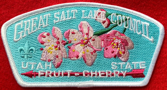 Great Salt Lake Council CSP SA-318. Embroidered Full-Color Cherry Tree Flowers Detailing. 'Utah State Fruit - Cherry' Text Embroidered on Lower Half. White Border. Mint Condition.