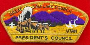 Great Salt Lake Council, Utah: President's Council Commerative CSP SA-33. Embroidered Bull-Drawn Covered Wagon Infront of Light Purple Mountainscape Details. Tall CSP with Gold Mylar Border. Mint Condition.