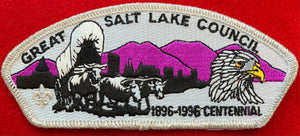 Great Salt Lake Council 1896-1996 Centennial Commerative CSP SA-34. Embroidered Black-and-White Bull-Drawn Covered Wagon Infront of Dark Purple Mountainscape and Bald Eagle Head Details. Mint Condition.