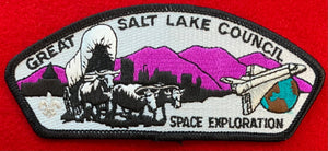 Great Salt Lake Council CSP SA-36. Embroidered Black-and-White Bull-Drawn Covered Wagon Infront of Dark Purple Mountainscape and Silver Mylar Space Shuttle Superimposed Over Planet Earth Details. Mint Condition.