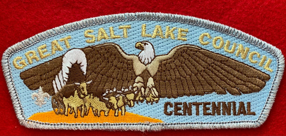 Great Salt Lake Council Centennial Edition Commerative CSP SA-41. Large Bald Eagle Embroidered Detailing. Silver Mylar Border with Gold Mylar Council Name Embroidery. Mint Condition.