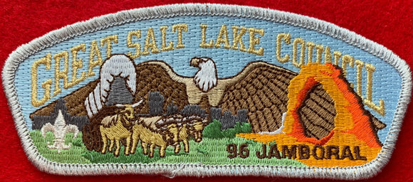 Great Salt Lake Council 1996 Jamboral Edition Commerative CSP SA-44. Large Bald Eagle Embroidered Detailing. Silver Mylar Border with Gold Mylar Council Name Embroidery. Mint Condition.