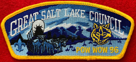 Great Salt Lake Council 1996 Pow Wow Commerative Edition CSP SA-45. Blue/White Embroidered Details Throughout. Cub Scout Logo Embroidery. Yellow Border. Mint Condition.