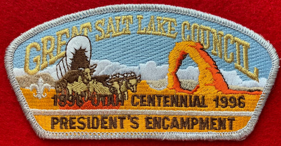 Great Salt Lake Council, Utah Centennial (1896-1996): 1996 President's Encampment Commerative CSP SA-47. Embroidered Bull-Drawn Covered Wagon Infront of Canyon Background. Tall CSP with Silver Mylar Border and Gold Council Name Embroidery. Mint Condition.