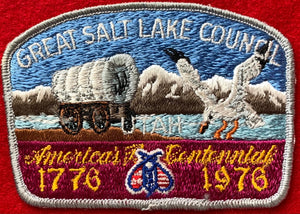 Great Salt Lake Council, Utah: America's Bicentennial 1776-1976 Commerative Edition CSP SA-4. Seagull(?) and Covered Wagon Embroidered Details. "Rectangular" Shaped CSP. Mint Condition.