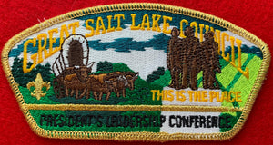 Great Salt Lake Council President's Leadership Conference Commerative CSP SA-52. Embroidered Bull-Drawn Covered Wagon Infront of Lush Green Background. Tall CSP with Gold Mylar Border. Mint Condition.