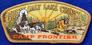 Great Salt Lake Council Camp Evergreen Commerative CSP SA-70. Brown/Olive Forested Background with Native American Starting Fire Embroidered Details. Mint Condition.