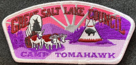 Great Salt Lake Council Camp Tomahawk Commerative CSP SA-74. Purple/Pink Mountain Range with Tepee and Teal Bull-Drawn Covered Wagon Embroidered Details. Mint Condition.