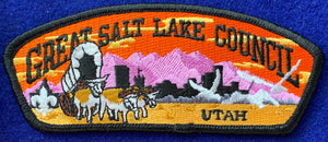 Great Salt Lake Council, Utah CSP SA-77:1. Bull-Drawn Covered Wagon with Orange Sky Background and Yellow Cloud Embroidered Details. NO Yellow Cloud under the word "Lake." Mint Condition.