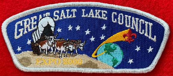 Great Salt Lake Council Expo 2000 Commerative CSP SA-80. Bull-Drawn Covered Wagon with Outer Space, Moon, and Planet Earth Background Embroidered Details. Mint Condition.