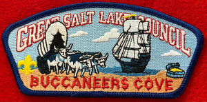 Great Salt Lake Council 'Buccaneers Cove' Edition CSP SA-87. Embroidered Bull-Drawn Covered Wagon with Large Pirate Ship and Treasure Chest Details. Mint Condition.