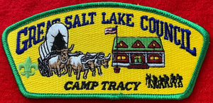 Great Salt Lake Council Camp Tracy Commerative Edition CSP SA-88. Embroidered Bull-Drawn Covered Wagon with Scout Camp Building and Silhoutetted Scouts Details. Mint Condition.