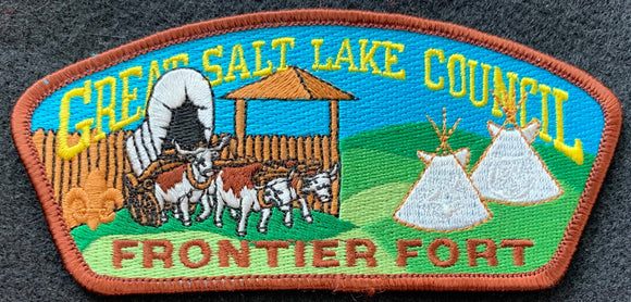 Great Salt Lake Council 'Frontier Fort' Edition CSP SA-89. Embroidered Bull-Drawn Covered Wagon with Wooden Fort and Tepee (with Ghosted Wolf and Bear Cub Logos) Details. Mint Condition.