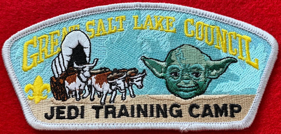 Great Salt Lake Council 'Jedi Training Camp' Edition CSP SA-90. Embroidered Bull-Drawn Covered Wagon with Master Yoda's Head from Star Wars Details. Mint Condition.