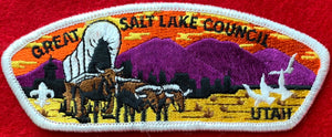 Great Salt Lake Council, Utah CSP SA-9A. Embroidered Bull-Drawn Covered Wagon Infront of Dark Purple Mountainscape Details. Mint Condition.