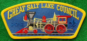 Great Salt Lake Council CSP TA-233. Embroidered Locomotive Engine Detail. '2012' and Scouting Fleur-de-lis Ghosted into Dark Blue Background. Yellow Border. Mint Condition.