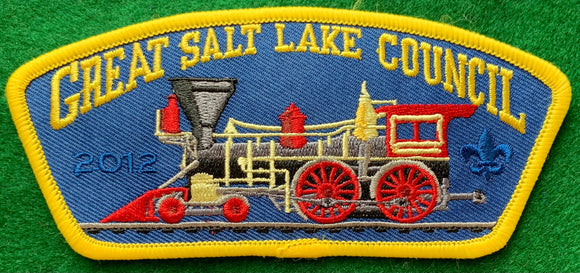 Great Salt Lake Council CSP TA-233. Embroidered Locomotive Engine Detail. '2012' and Scouting Fleur-de-lis Ghosted into Dark Blue Background. Yellow Border. Mint Condition.