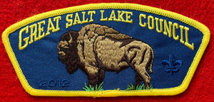 Great Salt Lake Council CSP TA-235. Embroidered Brown American Buffalo Detail. '2012' and Scouting Fleur-de-lis Ghosted into Dark Blue Background. Yellow Border. Mint Condition.