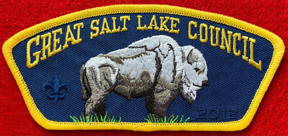 Great Salt Lake Council CSP TA-236. Embroidered White American Buffalo Detail. '2012' and Scouting Fleur-de-lis Ghosted into Dark Blue Background. Yellow Border. Mint Condition.