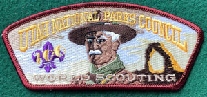 Utah National Parks Council 'World Scouting' Commerative Edition CSP SA-44. 'Lord Robert Baden-Powell' Embroidered Detail. Brown/Burgundy Border. Mint Condition.