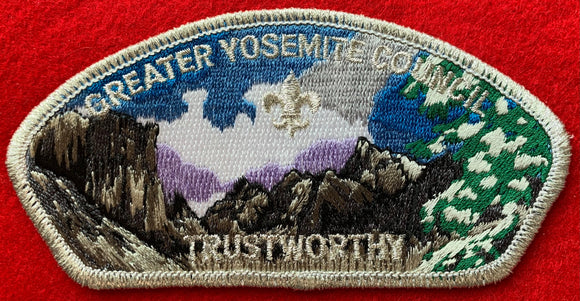 Greater Yosemite Council Friends of Scouting (FOS) Commerative Edition CSP SA-7. Embroidered 'Trustworthy' Silver Mylar Text over Snowy Mountain Landscape Background. Silver Mylar Border. Mint Condition.