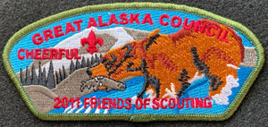 Great Alaska Council 2011 Friends of Scouting (FOS) Edition CSP SA-21:1. "Cheerful" and full color grizzly bear catching salmon embroidered details. Mint Condition.