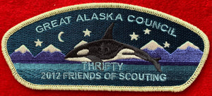 Great Alaska Council 2012 Friends of Scouting (FOS) Edition CSP SA-25. "Thrifty" and Orca Embroidered Details. Silver Mylar Border. Mint Condition.