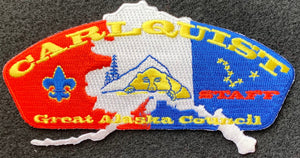 Great Alaska Council Camp Carlquist Staff Commerative Staff CSP SA-36. State of Alaska Embroidered Detail. State Shape "Overhangs" CSP. Mint Condition.