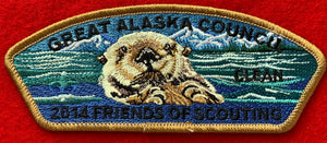 Great Alaska Council 2014 Friends of Scouting (FOS) Edition CSP SA-40. "Clean" and Sea Otter in Mountain Lake Embroidered Details. Tan Border. Mint Condition.