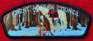 Great Alaska Council 2015 Friends of Scouting (FOS) Edition CSP SA-46. "Reverant" and George Washington Praying Beside His Horse at Valley Forge Embroidered Details. Black Border. Mint Condition.