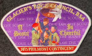 Glacier's Edge Council 2015 Philmont Contigent Commerative CSP PA-59. "A Scout is Cheerful" Embroidered Detail. Mint Condition.