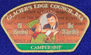 Glacier's Edge Council 2015 Campership Commerative CSP PA-72. "A Scout is Thrifty" Embroidered Detail. Mint Condition.