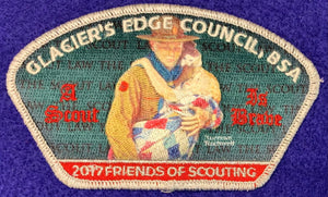 Glacier's Edge Council 2017 Friends of Scouting (FOS) Commerative CSP PA-75. "A Scout is Brave" Embroidered Detail. Mint Condition.