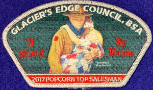 Glacier's Edge Council 2017 Popcorn Top Salesman Commerative CSP PA-84. "A Scout is Brave" Embroidered Detail. Mint Condition.