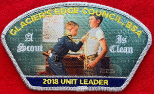 Glacier's Edge Council 2018 Unit Leader Commerative CSP PA-88. "A Scout is Clean" Embroidered Detail. Mint Condition.