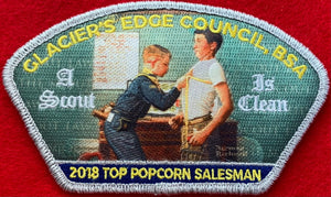 Glacier's Edge Council 2018 Top Popcorn Salesman Commerative CSP PA-95. "A Scout is Clean" Embroidered Detail. Mint Condition.