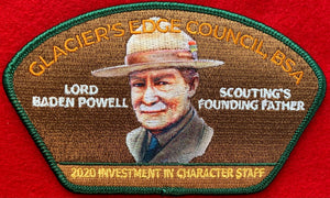 Glacier's Edge Council 2020 Investment in Character Staff Commerative CSP PA-Q10. "Lord Baden Powell ... Scouting's Founding Father" Embroidered Detail. Mint Condition.