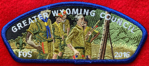 Greater Wyoming Council 2016 Friends of Scouting (FOS) CSP Q-1. Embroidered Scouts and Scouters in Woodland Detailing. Blue Border. Mint Condition.