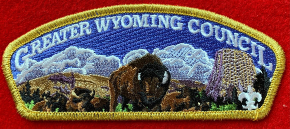 Greater Wyoming Council CSP SA-2. Embroidered Herd of Buffalo Infront of Woodland Background. Gold Mylar Border. Mint Condition.