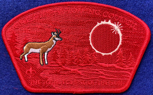 Greater Wyoming Council 2017 Total Solar Eclipse Commerative CSP SA-9. Full Red Ghosting, with the Exception of an Embroidered Full-Color Antelope and White Eclipse Details. Red Border. Mint Condition.