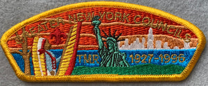 Greater New York Councils 'TMR ... 1927 - 1996' Commerative CSP SA-19. Gold Mylar Text and Yellow Border. Mint Condition.