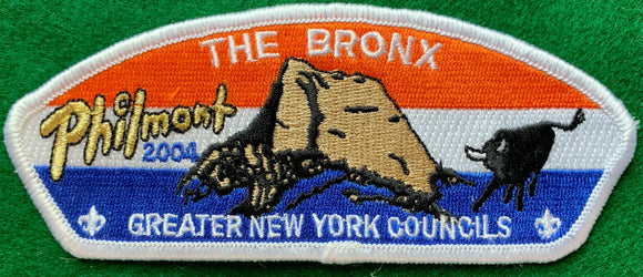 Greater New York Councils - The Bronx 2004 Philmont Trek Commerative CSP SA-10. Embroidered 'Tooth of Time' with Philmont Bull Detailing. White Border. Mint Condition.