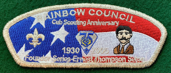 Rainbow Council Diamond Jubilee (75th Anniversary) of Cub Scouting Commerative Edition CSP SA-15. Ernest Thompson Seton Embroidered Detailing. Silver Mylar Border. Mint Condition.