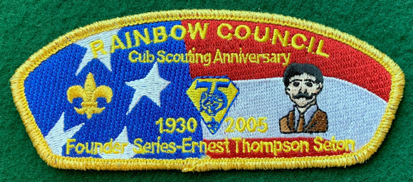 Rainbow Council Diamond Jubilee (75th Anniversary) of Cub Scouting Commerative Edition CSP SA-16. Ernest Thompson Seton Embroidered Detailing. Gold Mylar Border. Mint Condition.