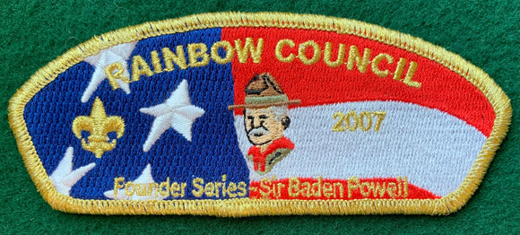 Rainbow Council 2007 Friends of Scouting (FOS) Founder Series Commerative CSP SA-21. Sir Robert Baden Powell Embroidered Detailing. Gold Mylar Border. Mint Condition.