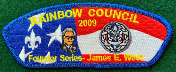 Rainbow Council 2009 Friends of Scouting (FOS) Founder Series Commerative CSP SA-28. James E. West Embroidered Detailing. Blue Mylar Border. Mint Condition.