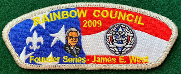 Rainbow Council 2009 Friends of Scouting (FOS) Founder Series Commerative CSP SA-30. James E. West Embroidered Detailing. Silver Mylar Border. Mint Condition.