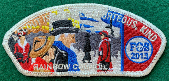 Rainbow Council 2013 Friends of Scouting (FOS) Commerative CSP SA-46. 'A Scout is Friendly, Courteous, Kind' Text Embroidered Detailing. Silver Mylar Border. Mint Condition.